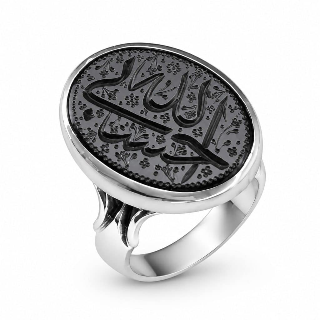 انگشتر نقره عقیق اسود مدل فخر با سنگ مشکی طبیعی جانبی گیت